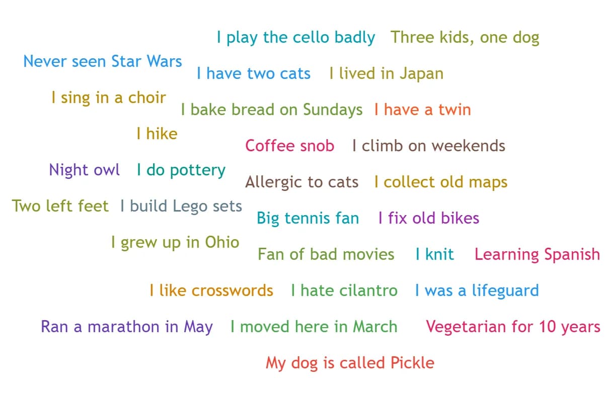 Example word cloud for Tell us something about yourself: thirty different short sentences, all the same small size